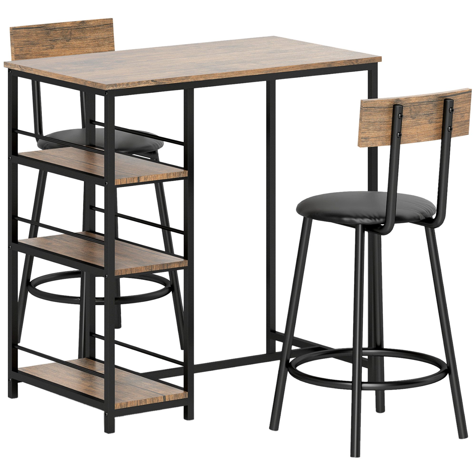 MC Star Bargruppe Bartisch mit Barhocker Set, 3-tlg. Bartisch-Set mit Küchentisch, (3 Ablagen, 2 Barstühlen, im Modern-Stil, Essgruppe für Esszimmer, Küche, Stahl, Eiche)