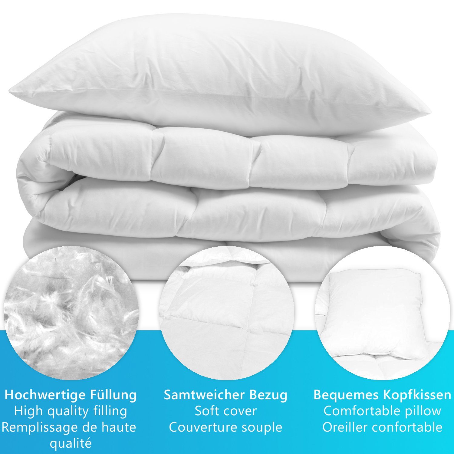 NYVI Feder-/Daunenbettdecke + Kopfkissen Bettenset 4teilig - 2x Bettdecke 135x200 cm und 2x Kopfkissen 80x80 cm, Füllung: 90% Federn, 10% Daunen, Bettdecken Set mit Kopfkissen Baumwolle Füllung aus Federn & Daunen