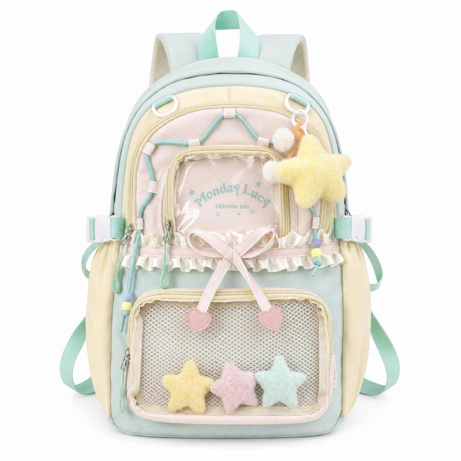 nsihing Kinderrucksack Kawaii Rucksack Mädchen mit Transparentem Fach & Stern Anhänger, Ästhetischer Rucksack für Mädchen, Schule, Alltag & Freizeit