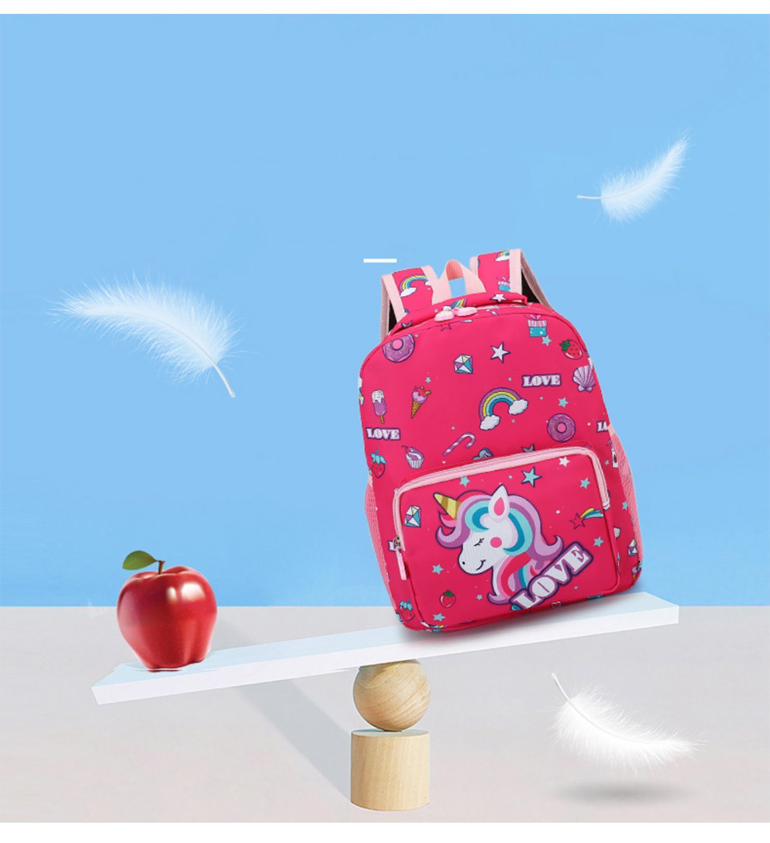 TPFLiving Kindergartentasche mit gepolsterten Schulterriemen (Mädchen Einhorn Rucksack Kindergarten geeignet), Mädchen Kinderrucksack Einhorn Regenbogen in 4 Farben zur Auswahl