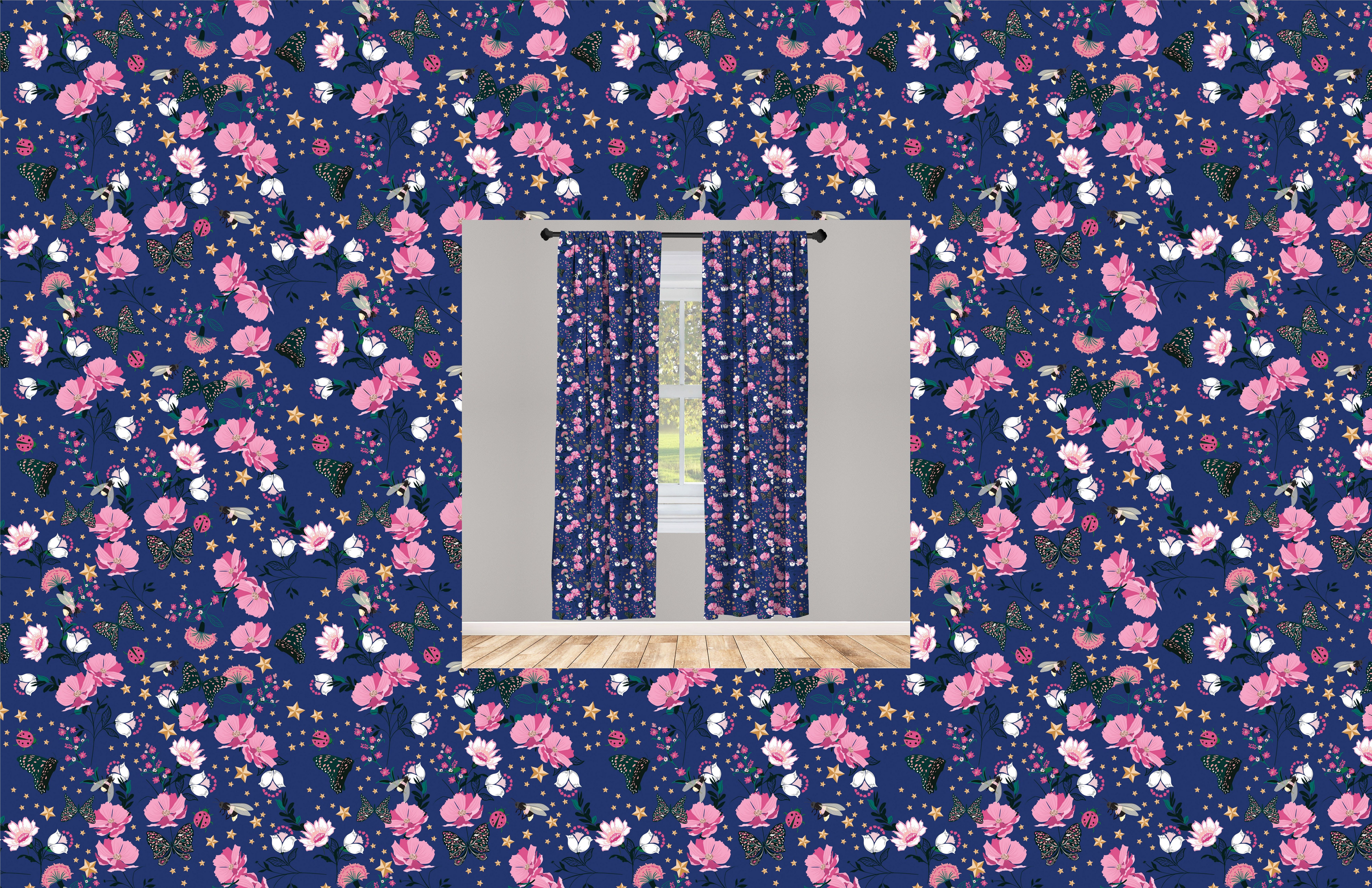Gardine blühende Blumen Wohnzimmer Retro Vorhang Marienkäfer Abakuhaus, Kunst Dekor, Schlafzimmer Microfaser, für