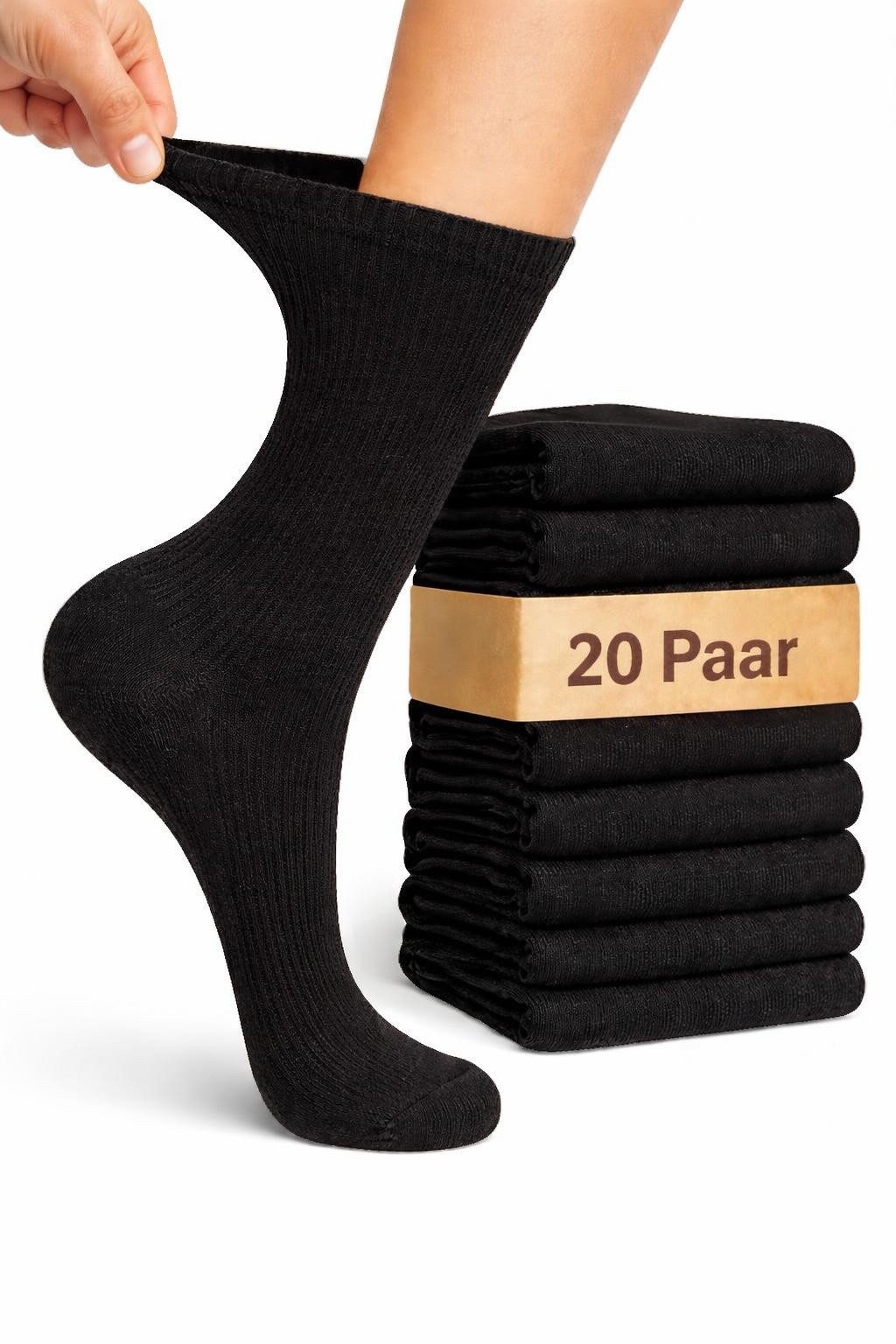 Cocain underwear Businesssocken 20 Paar Damen Herren Diabetiker Baumwolle Socken schwarz ohne Gummi (20-Paar) ohne drückende Naht mit handgekettelter Spitze