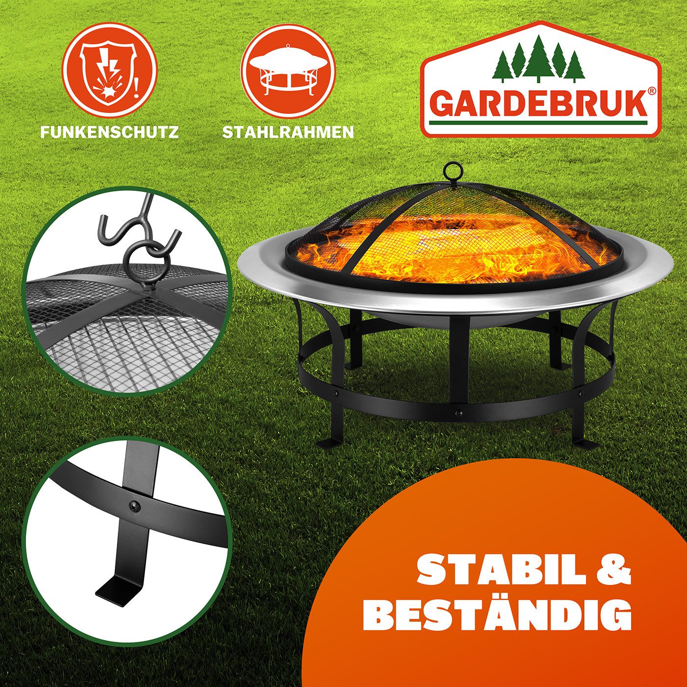 Gardebruk Feuerschale XL, Feuerkorb Garten Funkenschutz 75cm Edelstahl Outdoor Grill