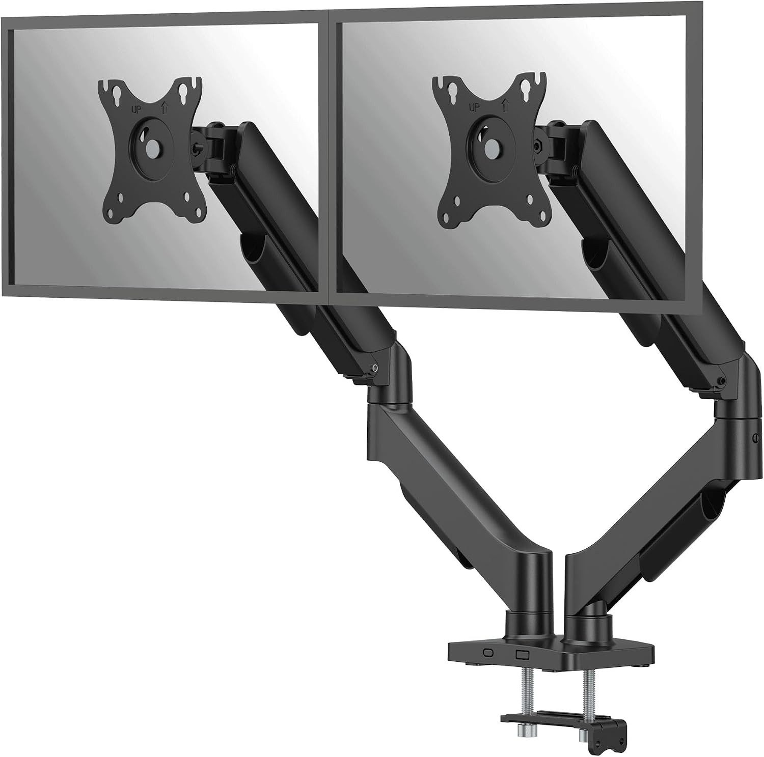 Vivitar Monitor-Halterung Doppelmonitorarm mit Gasfeder für 2 Monitore jeweils 2–9 kg, (bis 32 Zoll, Monitorarm höhenverstellbar, neigbar, schwenkbar und um 360° drehbar, VESA 75x75/100x100, Tischklemme oder Montage unter dem Schreibtisch, ergonomische Monitorhalterung für das Büro, das Homeoffice, Gaming)