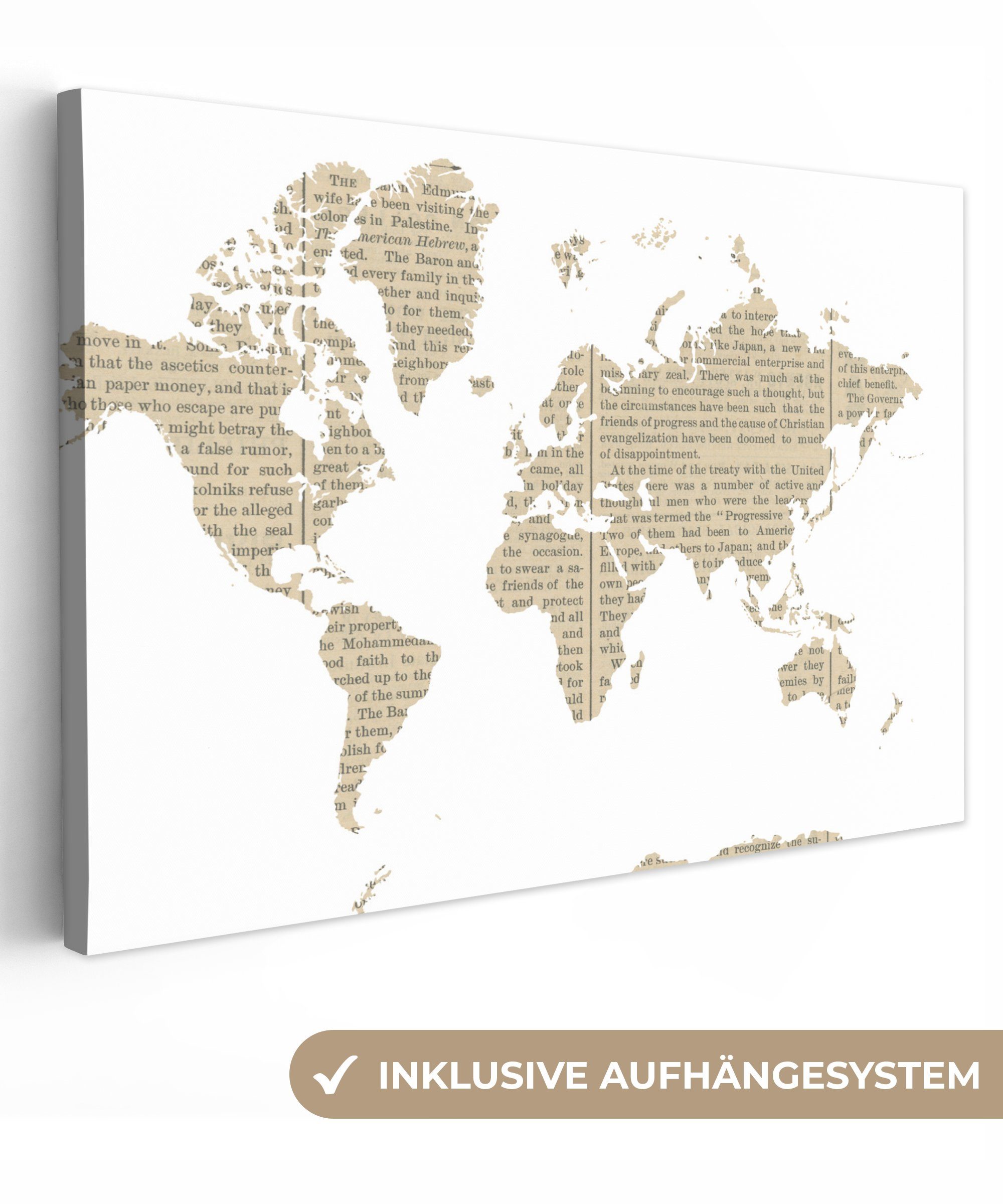 OneMillionCanvasses® Leinwandbild Weltkarte - weiß - Zeitungspapier, (1 St), Wandbild Leinwandbilder, Aufhängefertig, Wanddeko, 30x20 cm | Leinwandbilder