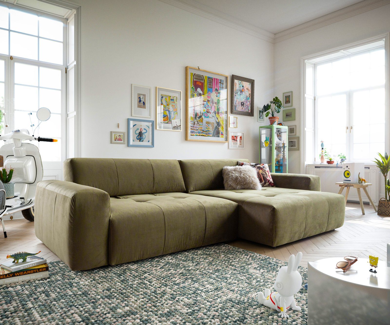 DELIFE Ecksofa Lazaro, Samt Olive 300x160cm Ottomane rechts mit Rückentiefenverstellung