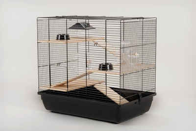 Ollesch Kleintierkäfig Hamsterkäfig Mäusekäfig Nagerkäfig 59 x 38 x 55 cm schwarz mit Zubehör