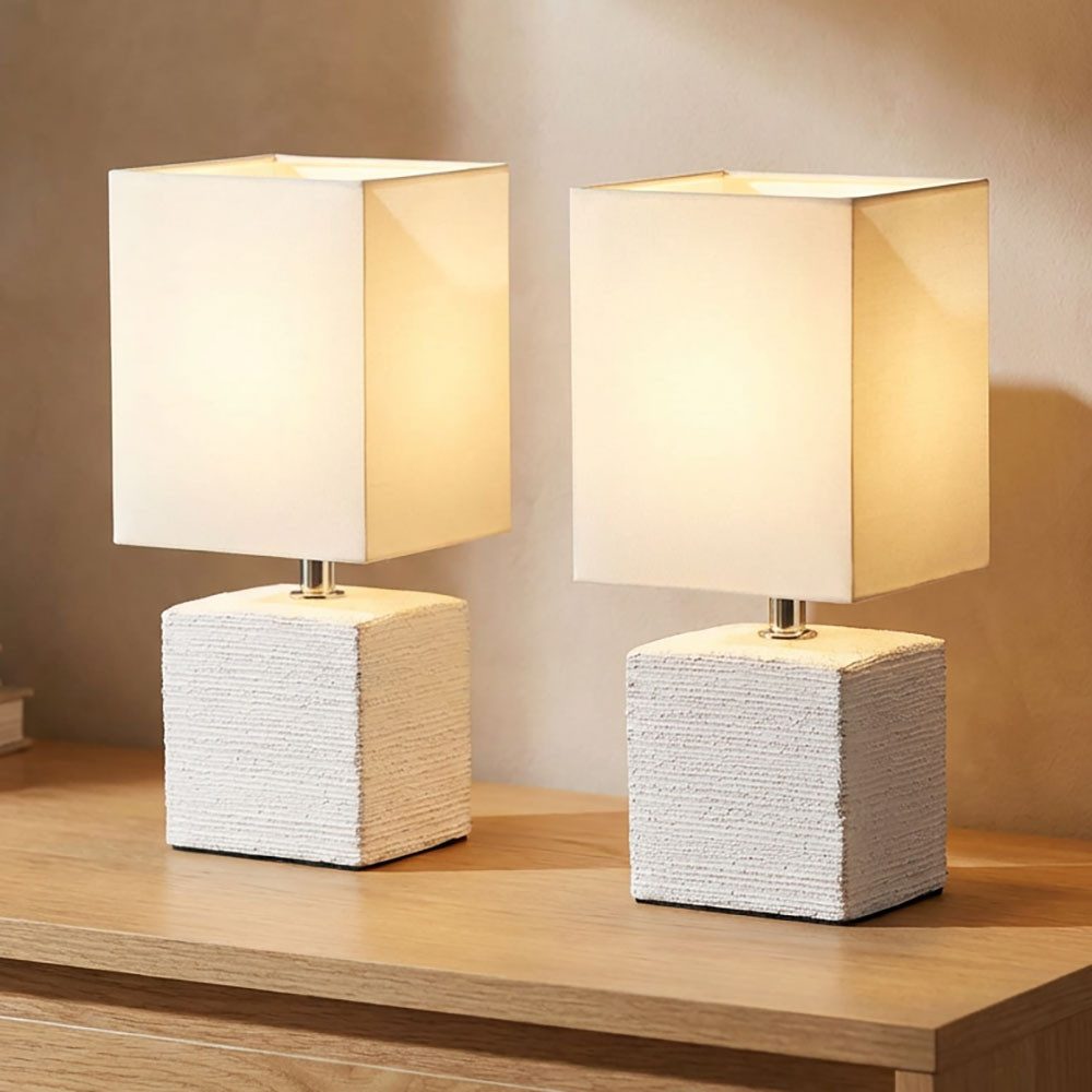 Reality Leuchten Tischleuchte, Leuchtmittel nicht inklusive, 2er Set Tischleuchte Keramik antik weiß Stoffschirm Tischlampe H 29cm