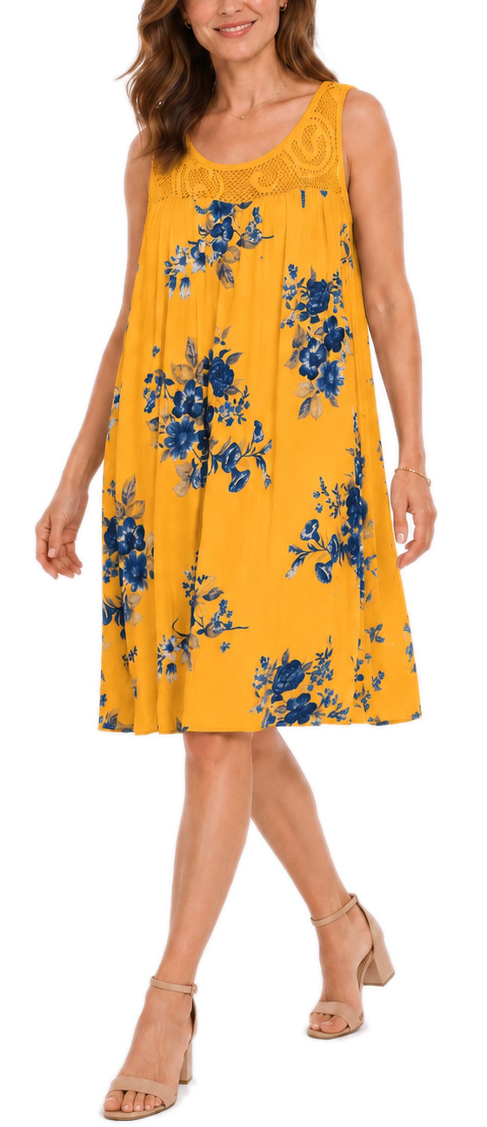 dy_mode Midikleid Damen Sommerkleid Blumenmuster Midi Kleid Strandkleid knielang Knielang, Transparente Häkel-Einsatz im Dekolleté- und Rückenbereich