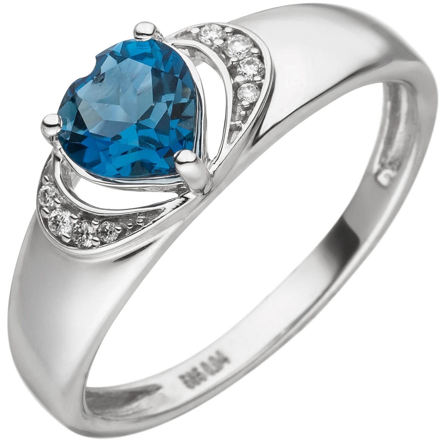 Schmuck Krone Diamantring Ring, 585 Weißgold, Herz aus Blautopas, 8 Brillanten, Gold 585