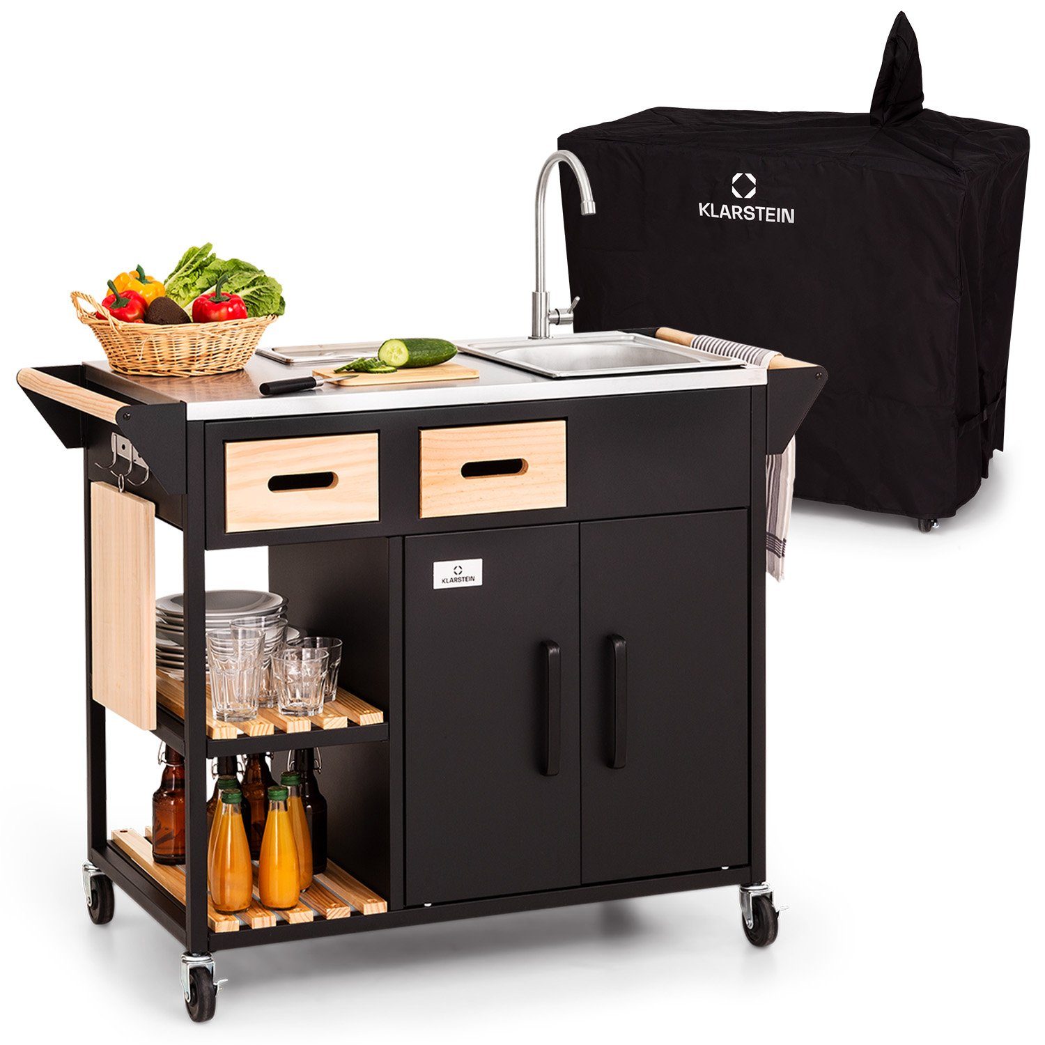 Klarstein Spülenschrank Jersey Outdoor Kitchen Spülstation Edelstahl mobil Regenschutzhülle