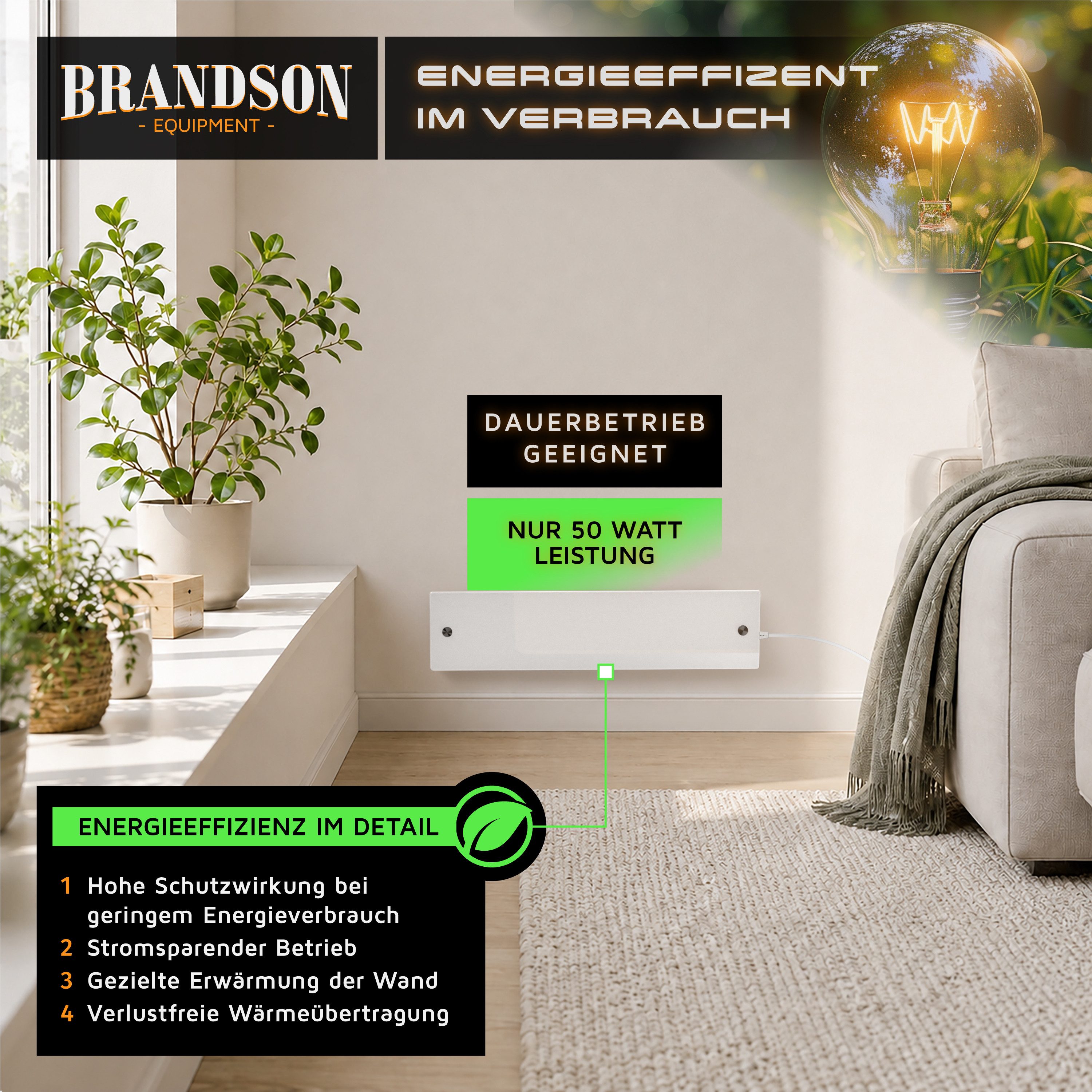 Brandson Infrarotheizung Anti-Schimmel-Heizung, Infrarot Glaspanel 50 W, Wand- & Standmontage, Schimmelentferner geräuschlos, Schimmelschock IP44, Überhitzungss – Bild 4 von 5