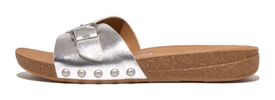 Fitflop IQUSHION ADJUSTABLE BUCKLE METALLIC-LEATHER SLIDES Pantolette, Keilabsatz, Sommerschuh, Schlappen mit verstellbarer Bandage