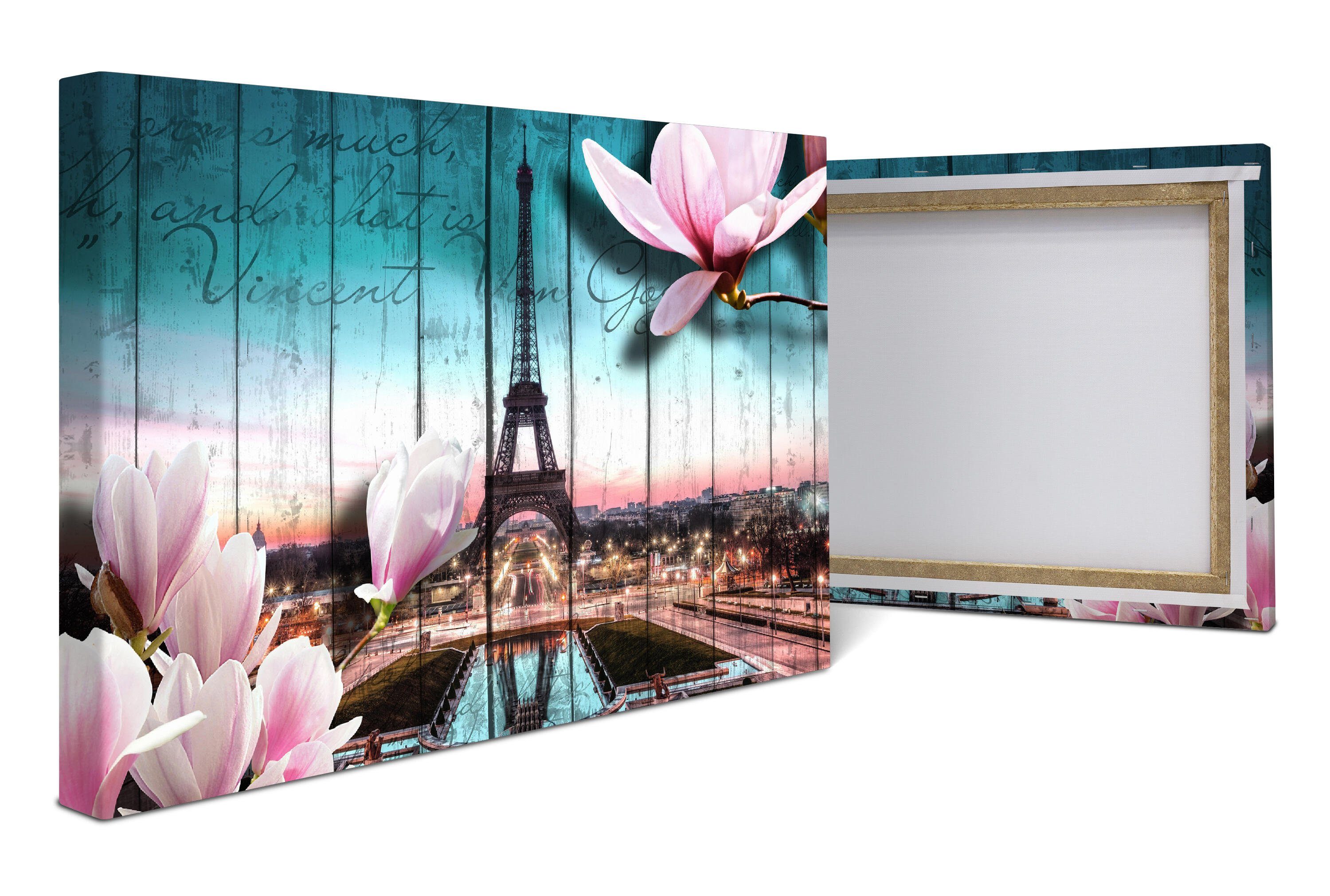 wandmotiv24 Leinwandbild Holz Blüten Paris Eiffelturm, Abstrakt (1 St), Wandbild, Wanddeko, Leinwandbilder in versch. Größen