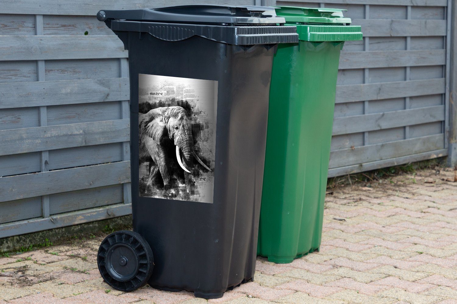 MuchoWow Wandsticker Abstrakter Elefant auf St), Container, Zeitungsausschnitt weiß (1 Sticker, - Mülltonne, und Mülleimer-aufkleber, schwarz Abfalbehälter