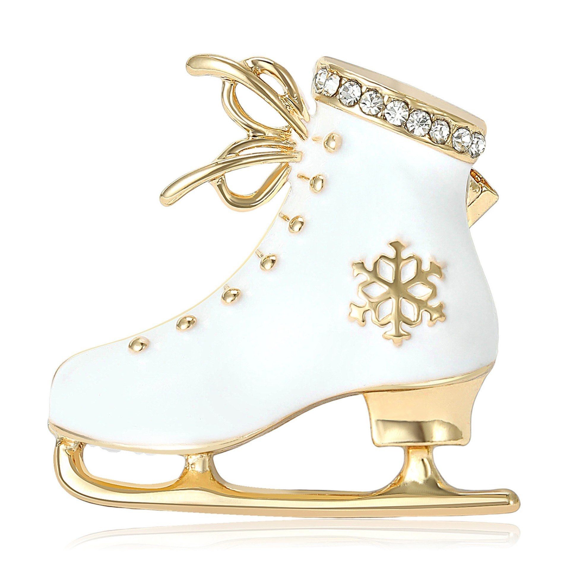 Dark-Desires Brosche Vintage Schlittschuhbrosche Weiß-Gold mit Schneeflocke, Damen Brosche vintage Accesssoire retro Anstecknadel