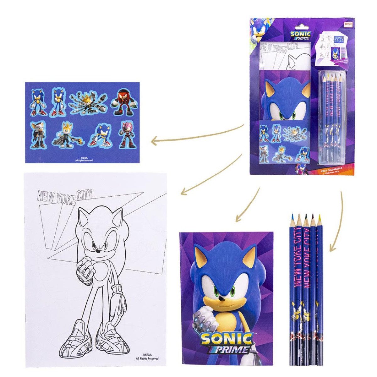 Notizblock Sonic Prime Mal- und Schreibset – Kinder Schreibwaren-Set zum Ausmalen