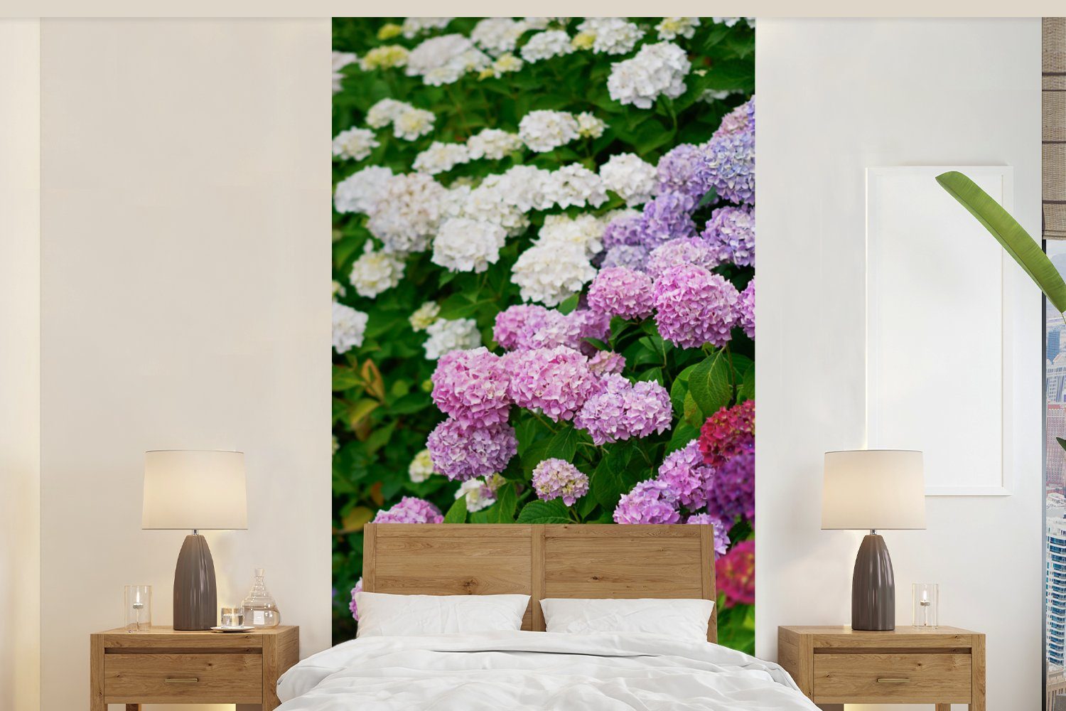 Hortensienblüten, bedruckt, MuchoWow Schlafzimmer Lebendige (2 Wohnzimmer für Fototapete Küche, Vliestapete Matt, Fototapete St),