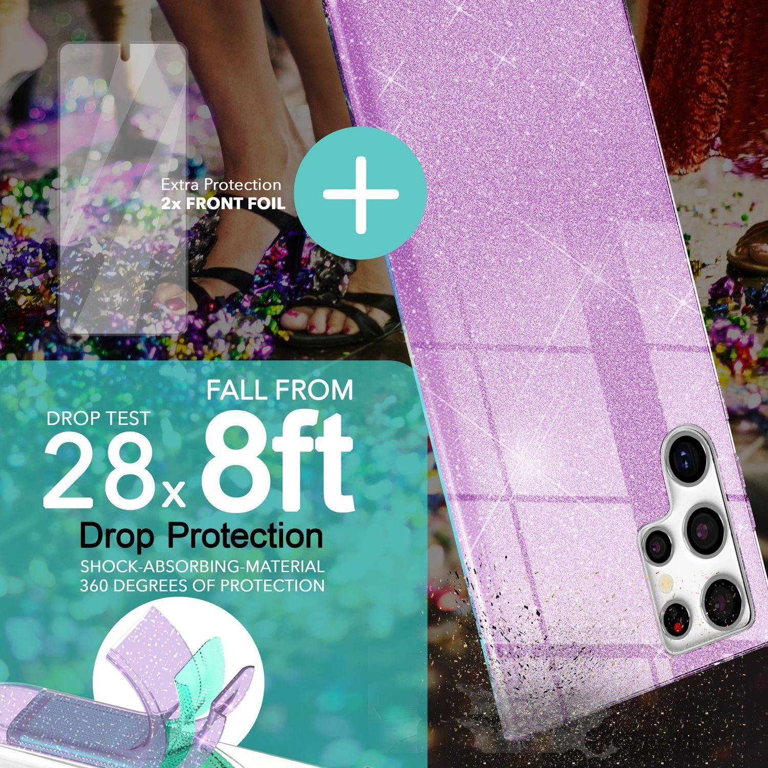 Nalia Smartphone-Hülle Samsung Galaxy S23 Ultra 17,3 cm (6,8 Zoll), Glitzer Silikon Hülle / 2x Displayschutz / Innen Verstärkt / Stoßfest