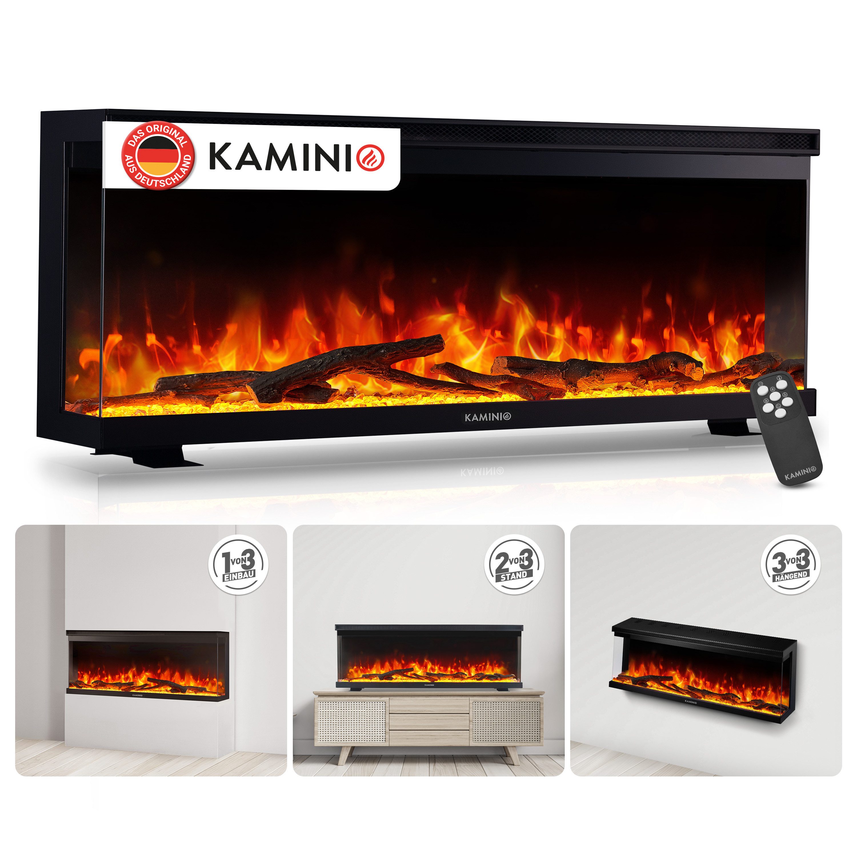 KAMINIO Elektrokamin LEA, 3in1 Kamin: Elektrischer Stand-, Wand- und Einbaukamin, Panoramaview