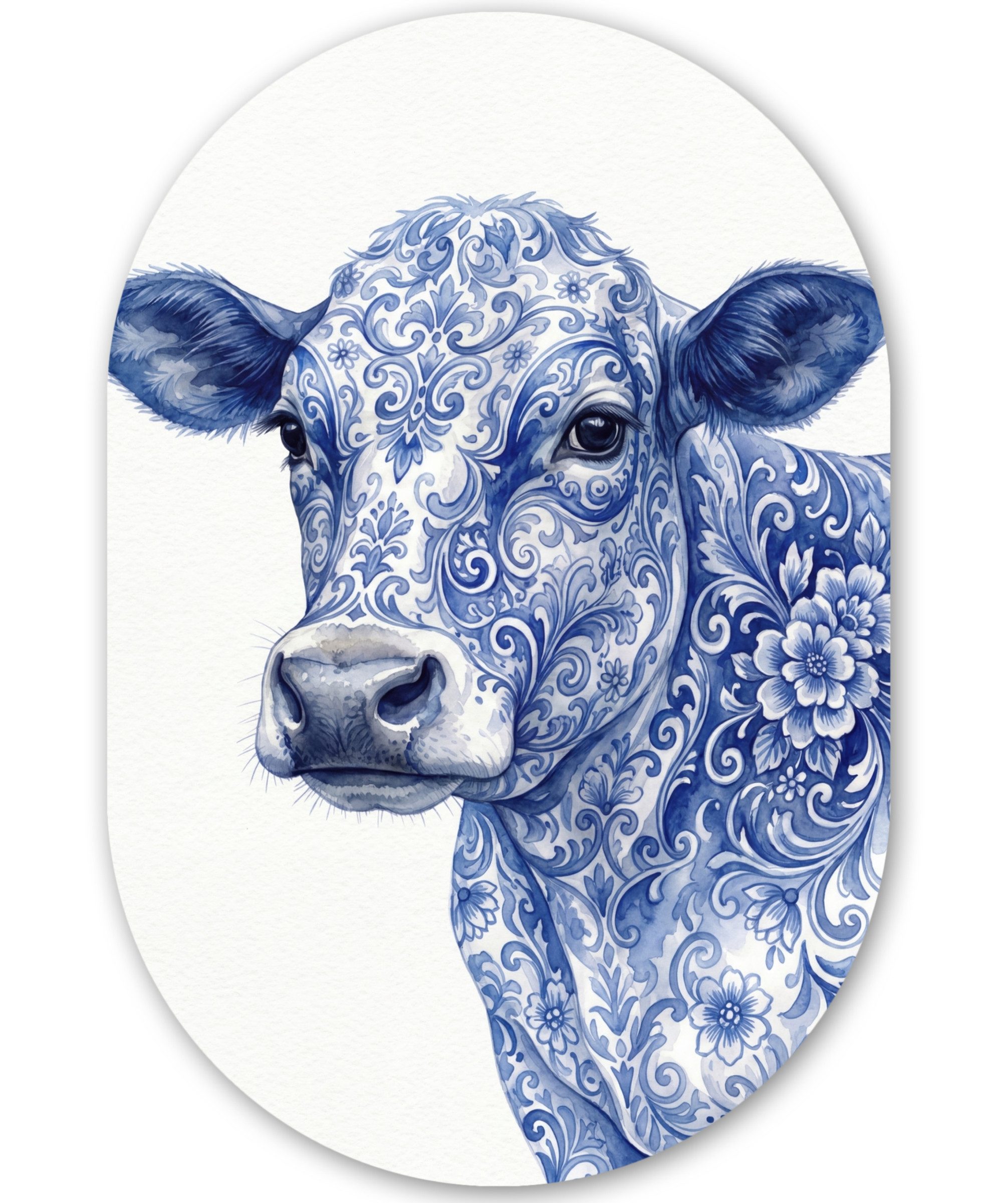 MuchoWow Gemälde Illustration - Kuh - Blau, Fotodruck (1 St), Wandbild Oval, Wohnzimmer oder Schlafzimmer Wanddekoration, 40x60 cm