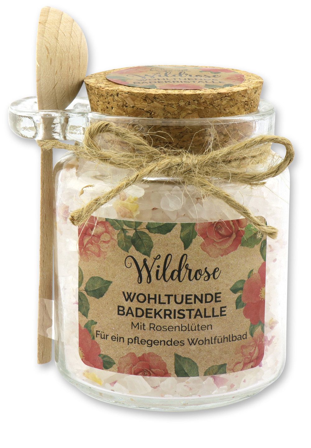 Gerlinde Hofer _ Florex GmbH Badezusatz Wildrose grob, 1-tlg., Badesalz mit Bio Schafmilch im Glas mit Holzlöffel 300 g