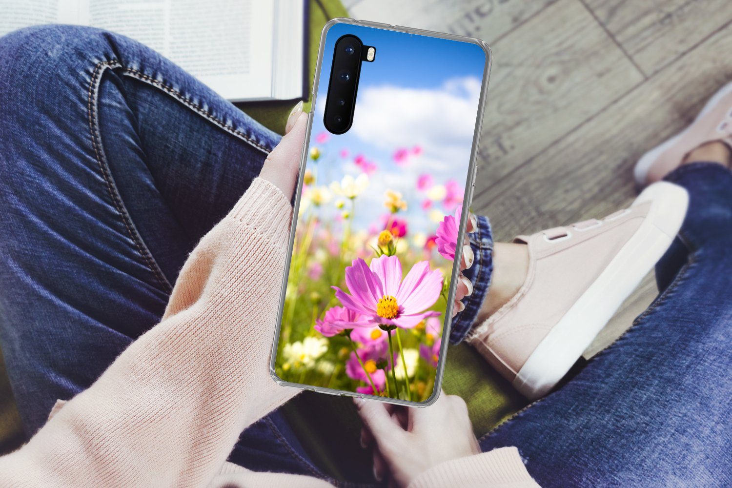 MuchoWow Handyhülle für OnePlus Nord Blumen - Wiese - Lila - Gras - Weiß - Wolken - Blau, Phone Case, Silikon, Schutzhülle Dünn