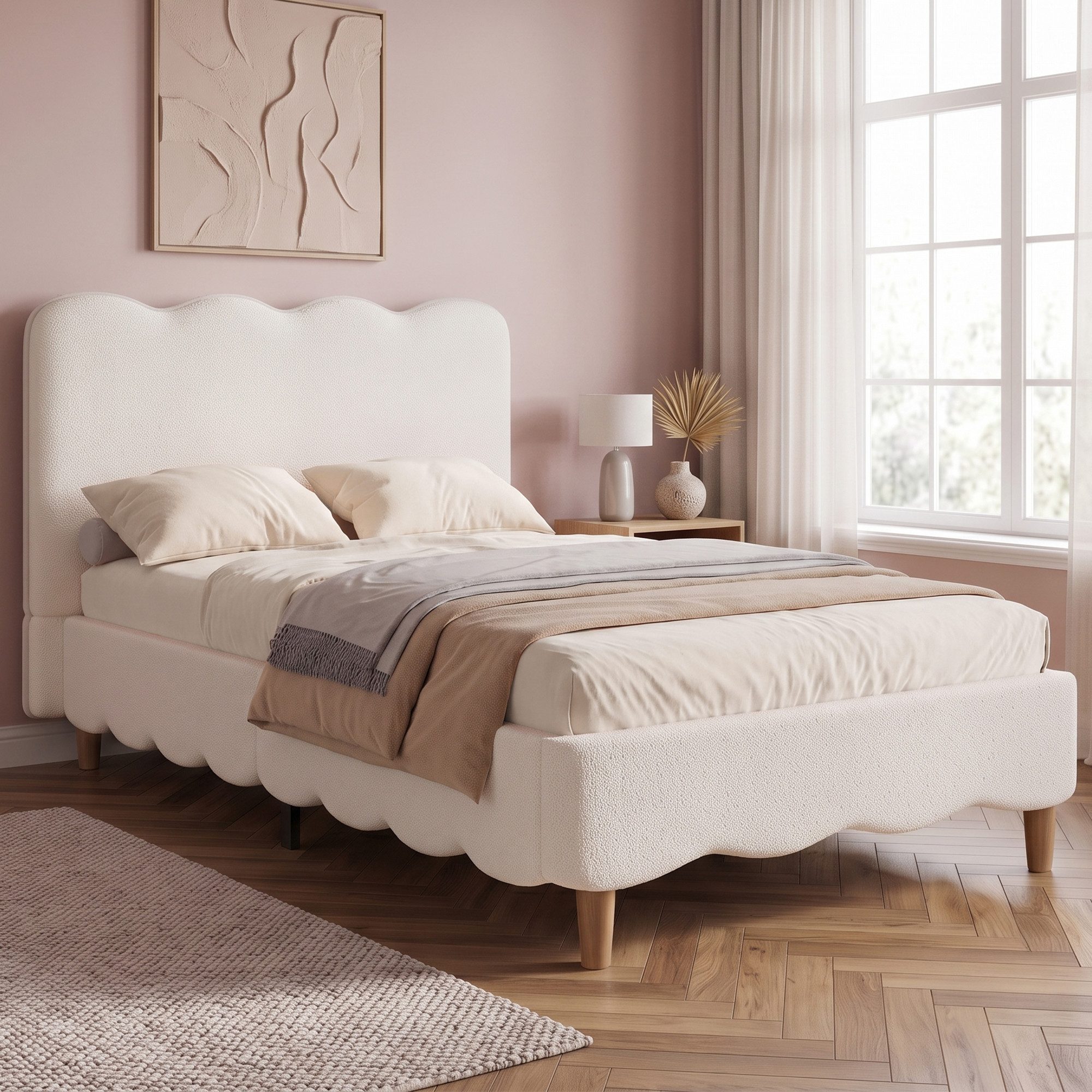 HAUSS SPOLE Polsterbett 90x200 Kinderbett mit Lattenrost,Einzelbett Bouclé mit Kopfteil,Weiß (Einzelbett in Bouclé-Optik mit Massivholzbeinen, ohne Matratze), Jugendbett Funktionbett mit Lattenrost und Kopfteil