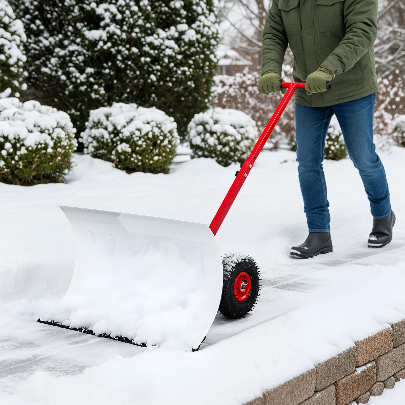 LALAHO Schneeschieber Schneeschaufel mit Rädern & Stiel – Stahlschaufel, 74,00 cm Arbeitsbreite, mit 116,00 cm langem Stiel, verstellbare Schubstange, ergonomisch, für Gehwege & Einfahrten