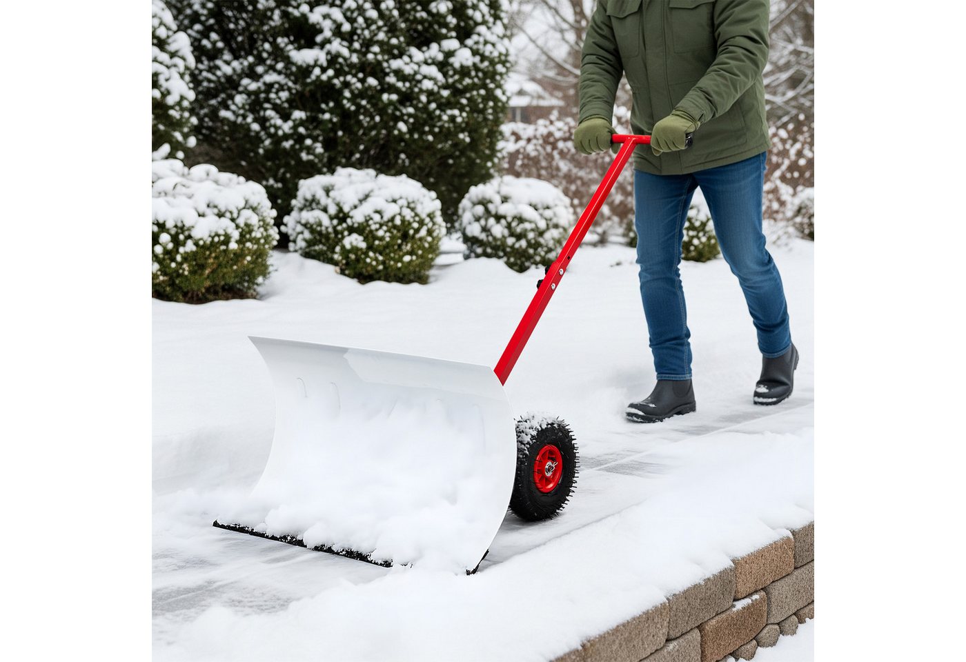 LALAHO Schneeschieber Schneeschaufel mit Rädern & Stiel – Stahlschaufel, 74,00 cm Arbeitsbreite, mit 116,00 cm langem Stiel, verstellbare Schubstange, ergonomisch, für Gehwege & Einfahrten