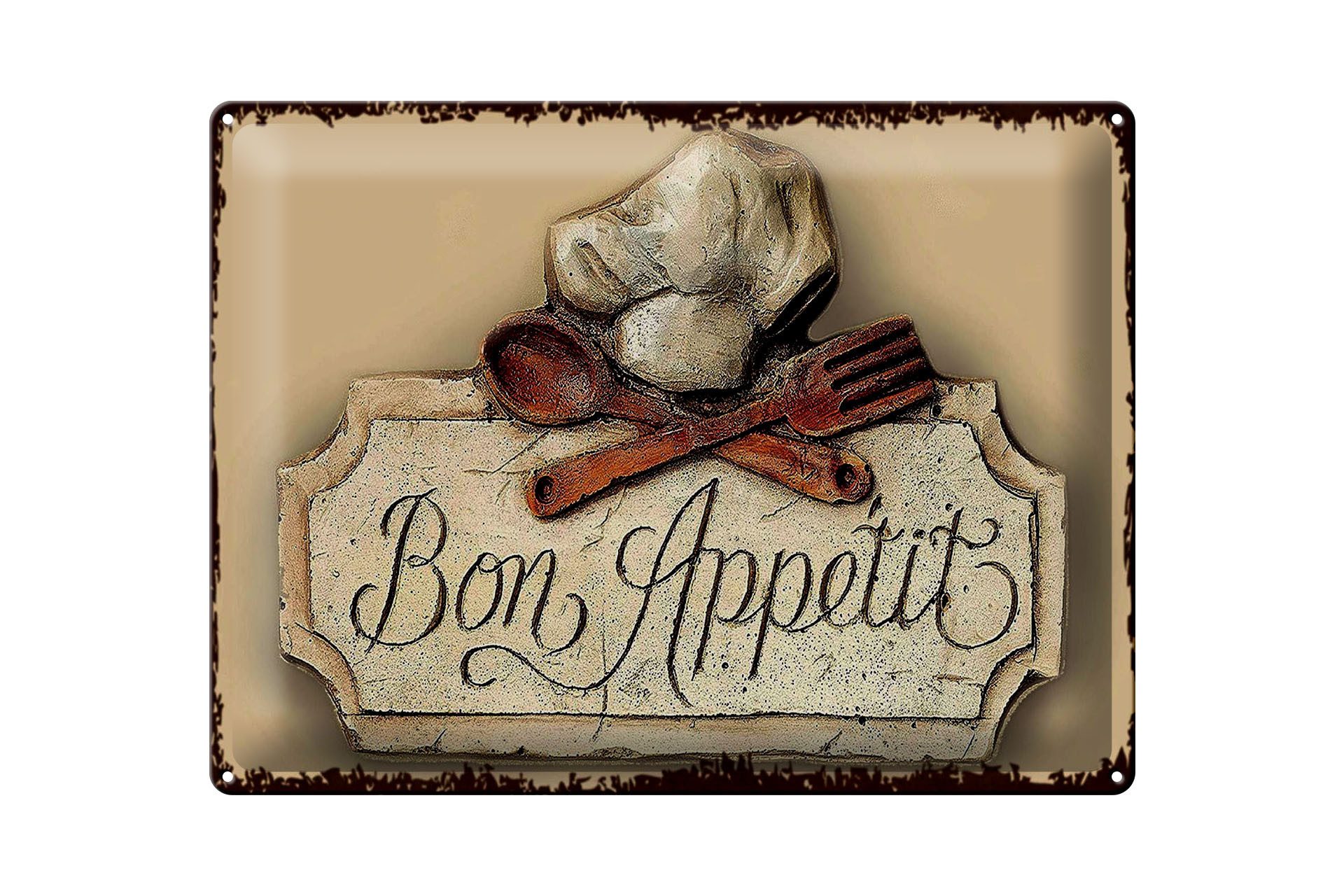 Femer GmbH Metallschild Spruch 30x40 cm Bon Appetit Kochmütze und Löffel, (1 St), gewölbte Oberfläche, abgerundete Ecken, umgeschlagene Kanten