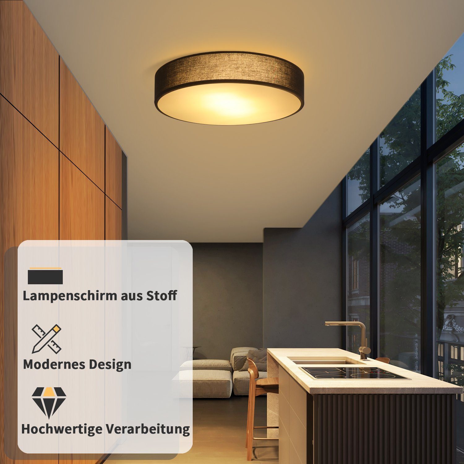 Nettlife Deckenleuchte Schwarz Stoffschirm Rund 30/38CM günstig online kaufen