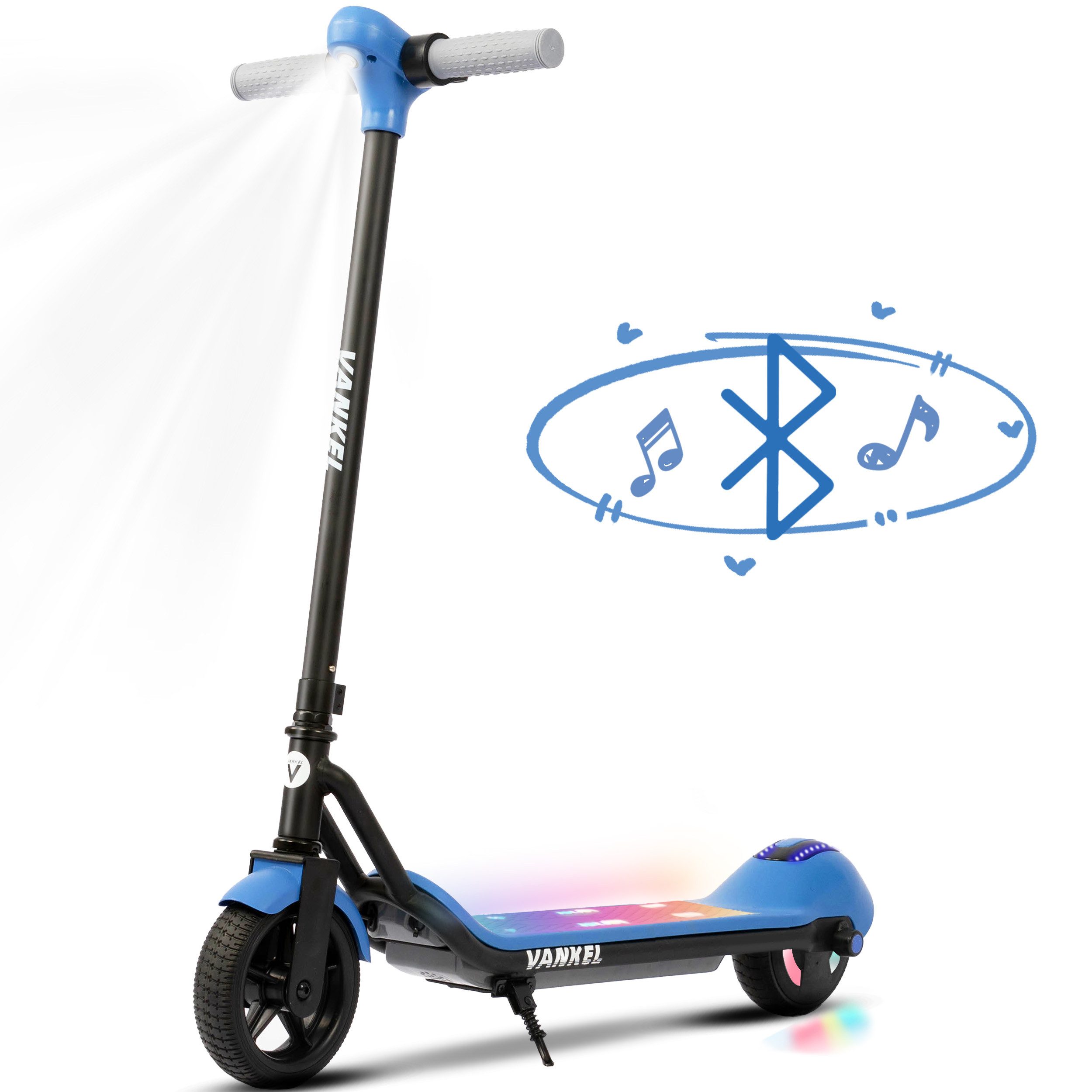 Vankel E-Scooter Kinder ab 6 Jahren, Elektro Kinderroller, Bunte Leuchten, Cityroller, 110 W, mit Bluetooth-Lautsprecher, 6,5 Zoll E-roller, Cityroller, E-Bremse