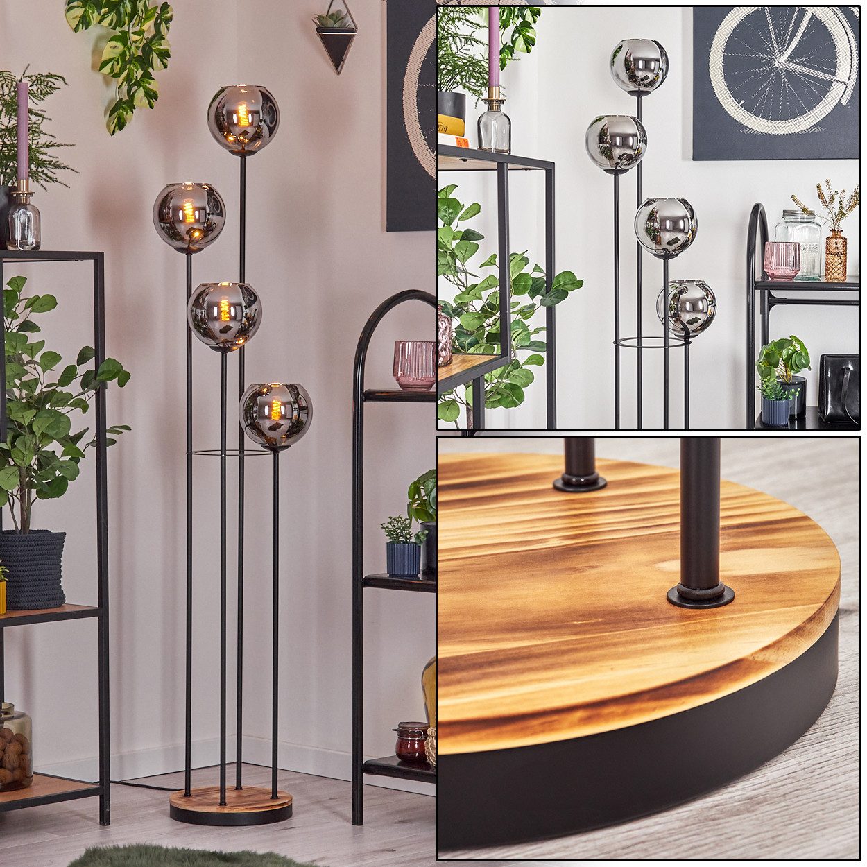 Stehlampe Stehlampe aus Metall/Holz/Glas in Schwarz/Natur/Chrom-/Rauchfarben