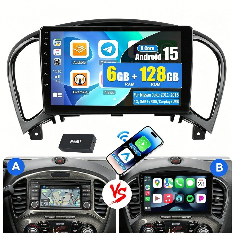 ESSGOO DAB+ 6+128G Android 15 Autoradio für nissan juke 2011-2016 Carplay GPS Autoradio (RDS, 6GB+128GB, 4G LTE, Digitalradio (DAB), FM, SWC, Carplay Android Auto Bluetooth EQ USB GPS Navi WIFI Touchscreen)