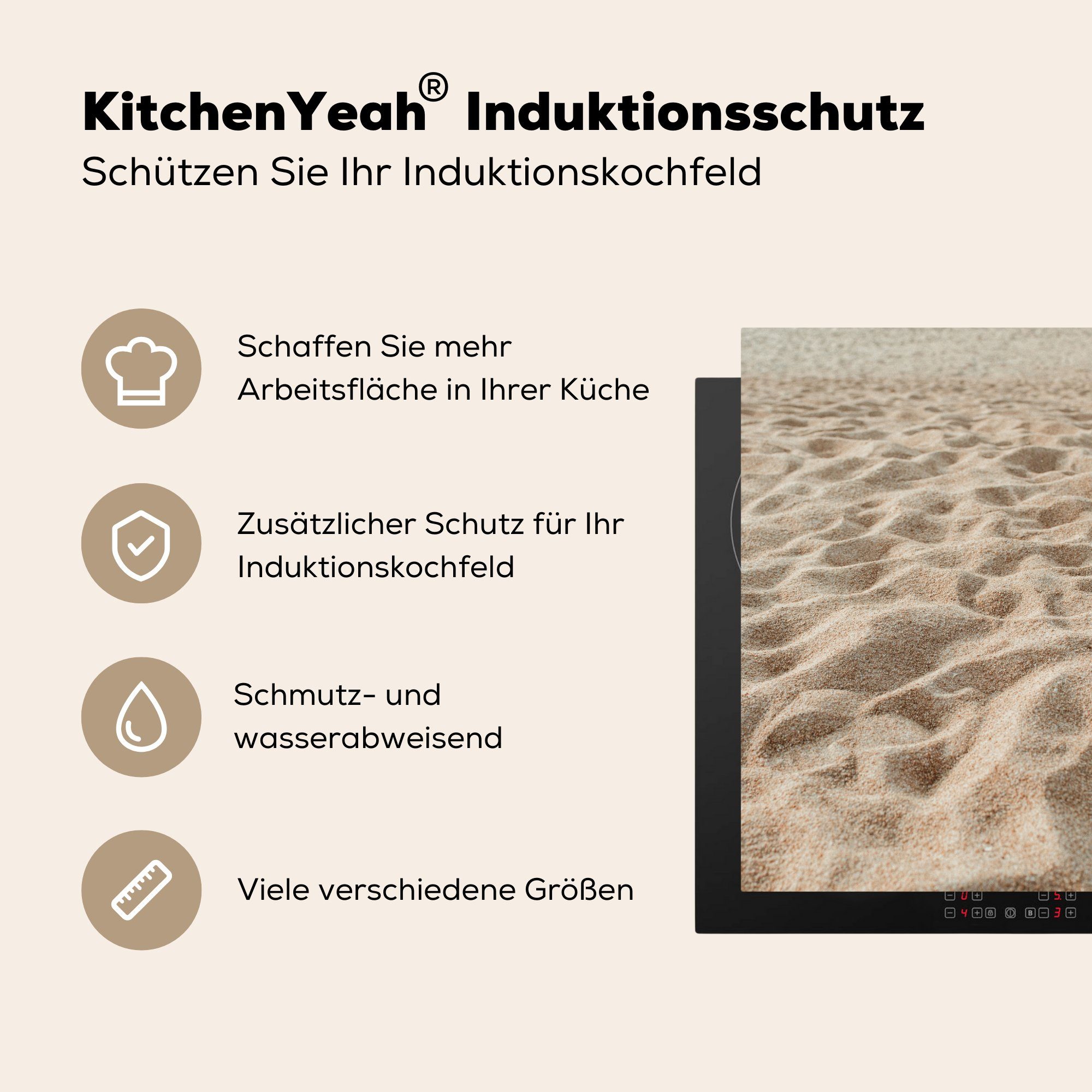 - Strand Sommer küche - 78x78 Vinyl, cm, MuchoWow Herdblende-/Abdeckplatte tlg), (1 Arbeitsplatte Sand, Ceranfeldabdeckung, für