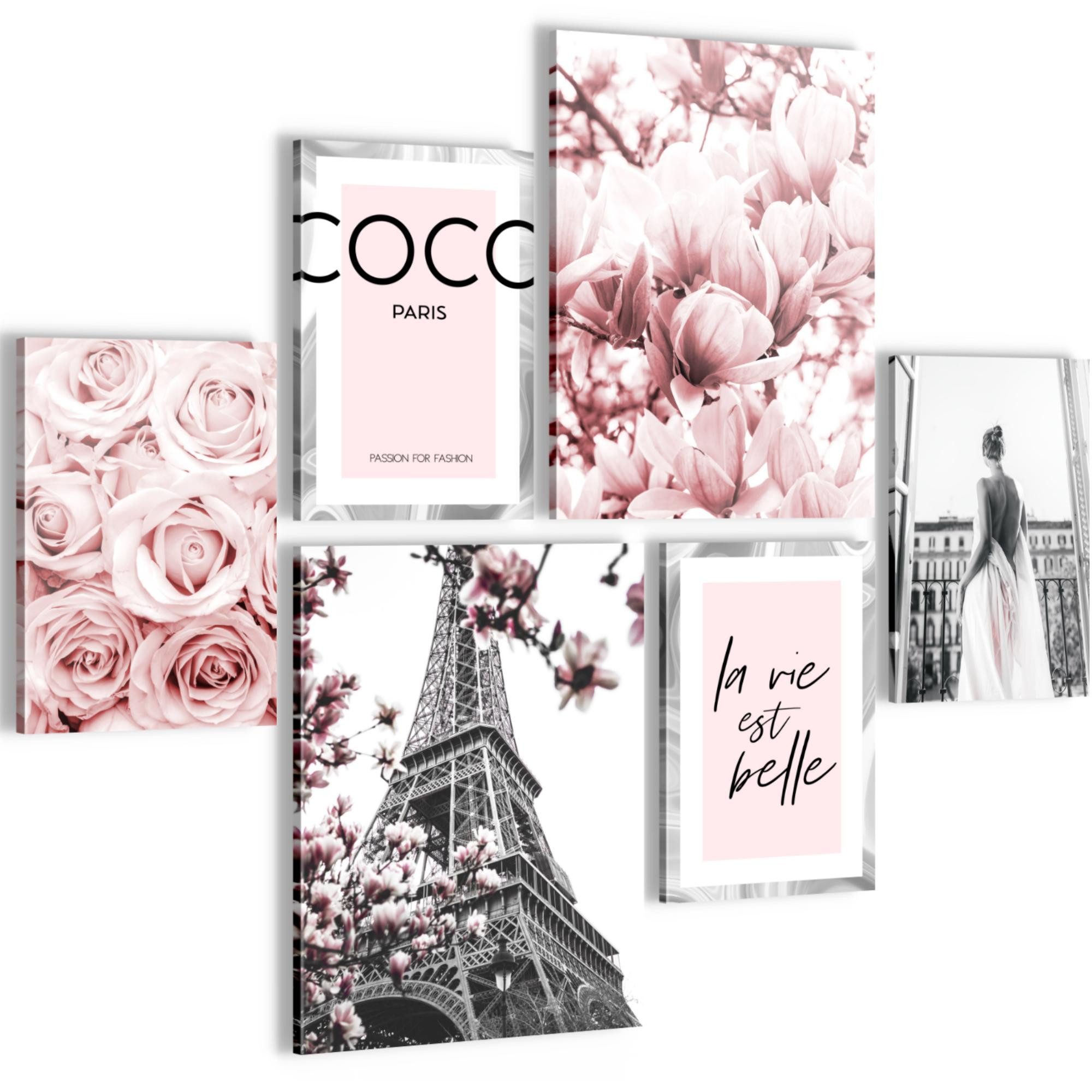 Novart Wandbild Fashion AUFHÄNGFERTIG Mädchen Teenager Paris, Blumen (6 St)