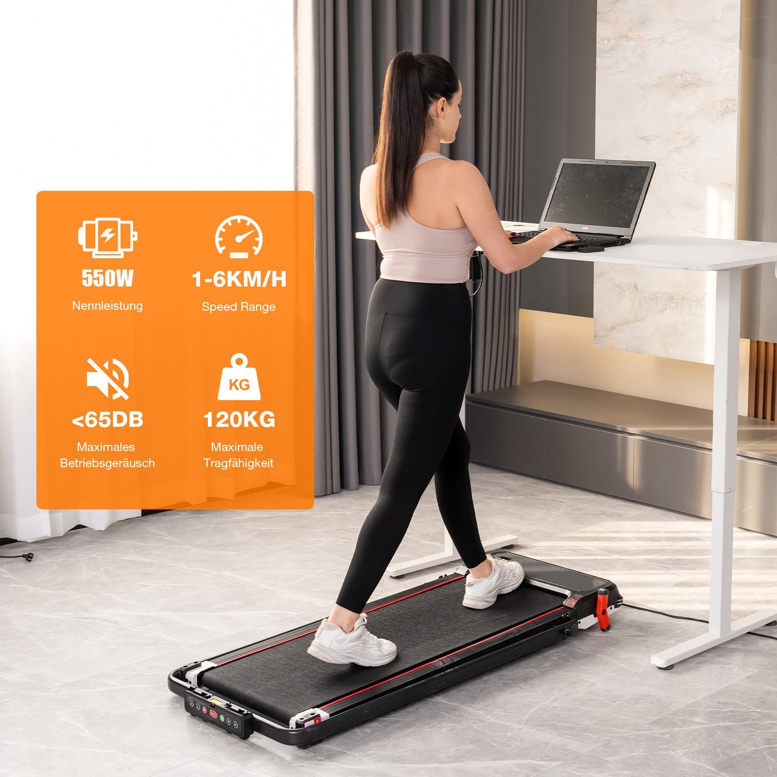 CITYSPORTS Laufband Heim-Laufbänder mit Steigung, beidseitig, mit Fußmassagematte-Funktion (Mit Tools und Schmiermitteln), 440W Bürstenloser Motor, 1-6KM/H, max. Last 120KG, Walking/Jogging Pad