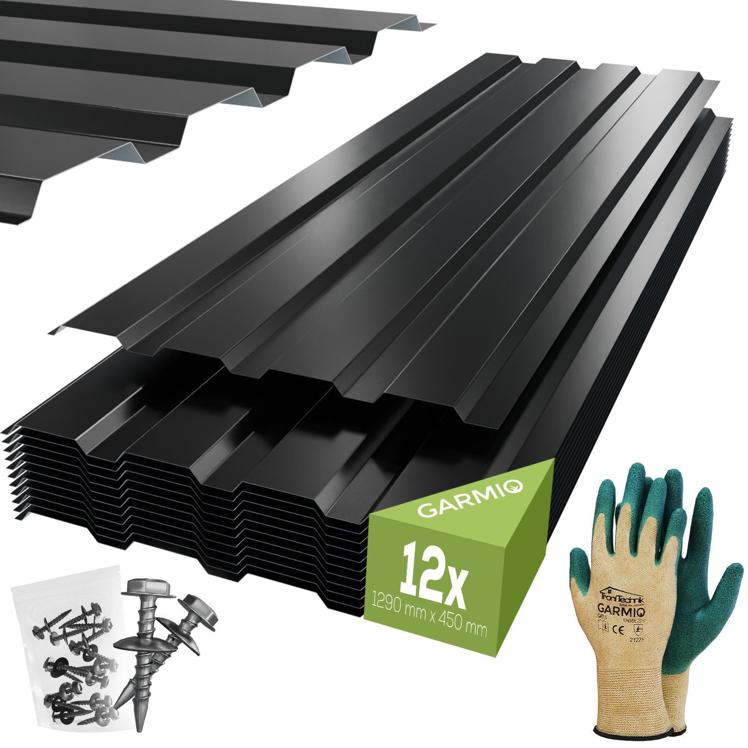 GARMIO Trapezblech Trapezblech 12er Set, Dachplatten 0,25mm, (Wellblechplatten aus verzinktem Stahl inkl. Schrauben) Profilblech schwarz 129x45 cm, 7 m²