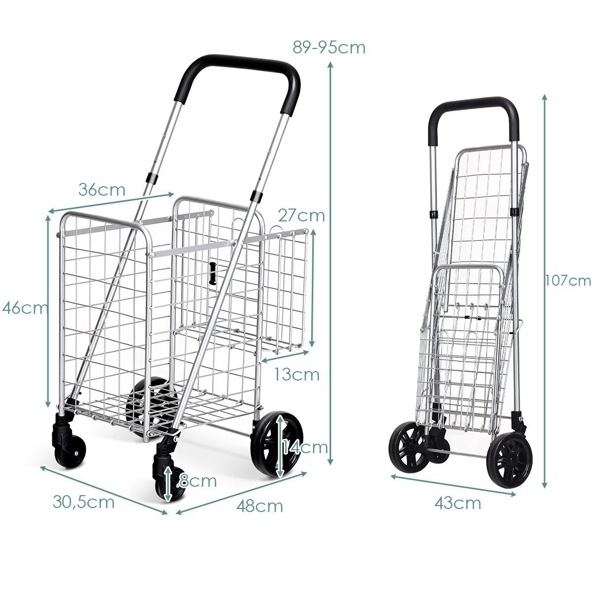 COSTWAY Einkaufstrolley, 48L+10L, mit verstellbarer Griff, klappbar