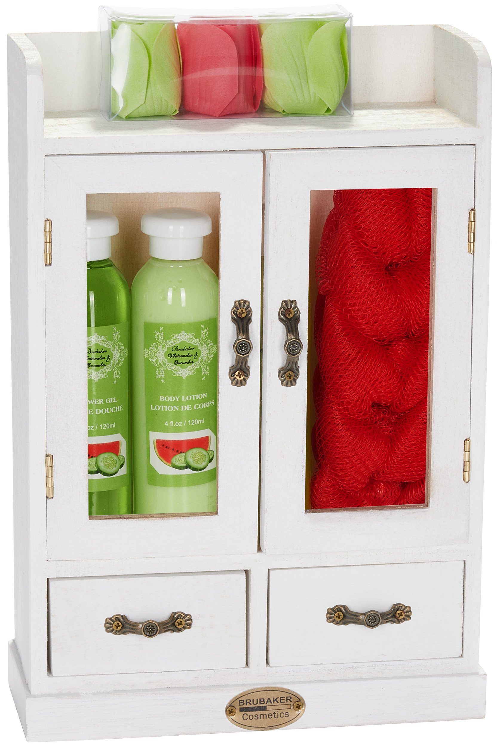 BRUBAKER Hautreinigungs-Set Bade- und Dusch Set, Pflegeset mit Melone Duft, Badeset, 10-tlg., Damen Geschenkset im Vintage-Schränkchen, reinigend und pflegend