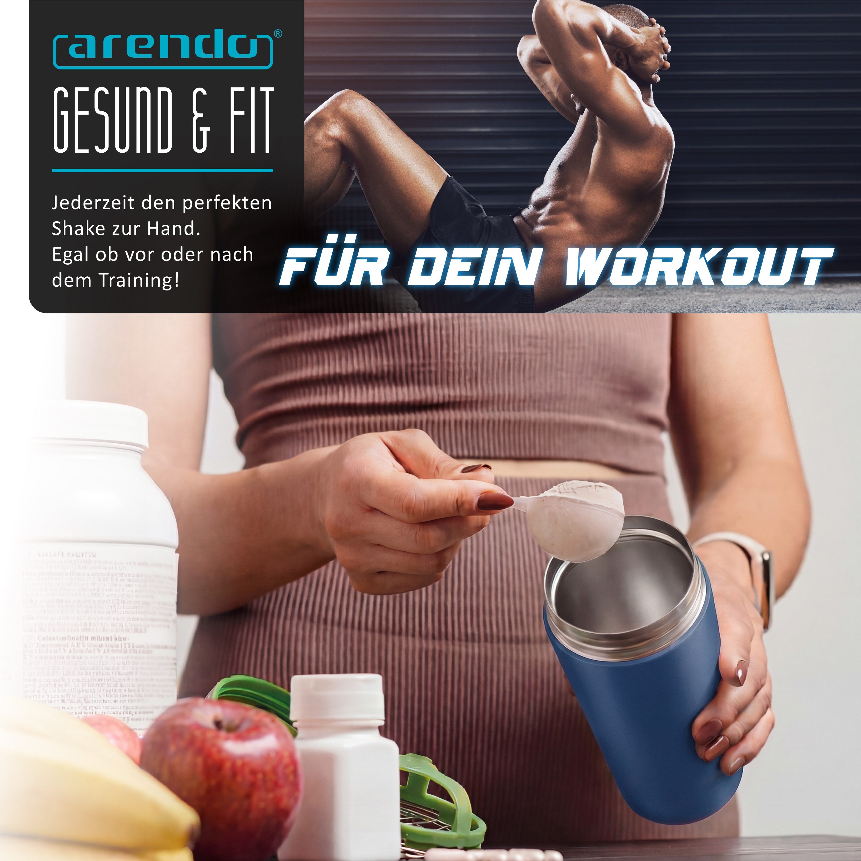 Arendo Protein Shaker Edelstahl Eiweißshaker 500 ml, dunkelblau, verschließbar, BPA-frei, Edelstahl, (1-tlg), auslaufsicher, spülmaschinengeeignet, mit Tragegri – Bild 5 von 5