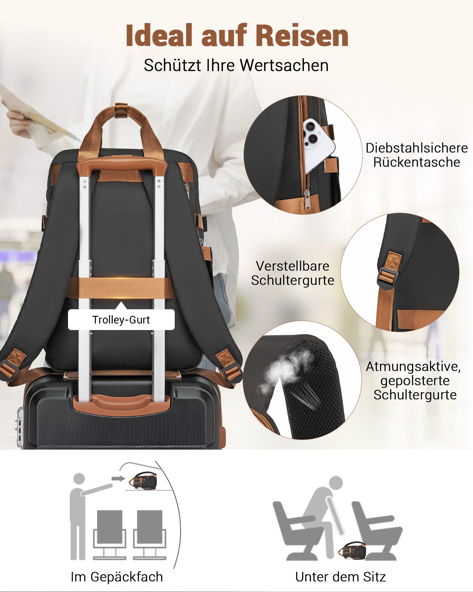 KONO Rucksack Ryanair Handgepäck 40x30x20 cm–20L Reiserucksack mit Laptopfach – Bild 5 von 5