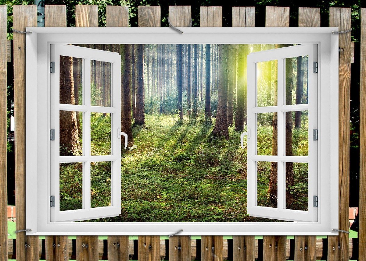 Thumbnail - Wallario Sichtschutzzaunmatten Sonnenuntergang im Wald zwischen den Bäumen, mit Fenster-Illusion