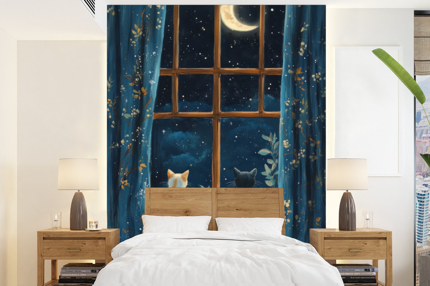 MuchoWow Fototapete Katze - Sternenhimmel - Blau, Matt, bedruckt, Wallpaper für Wohnzimmer, Schlafzimmer, Vinyl Tapete, 195x260 cm