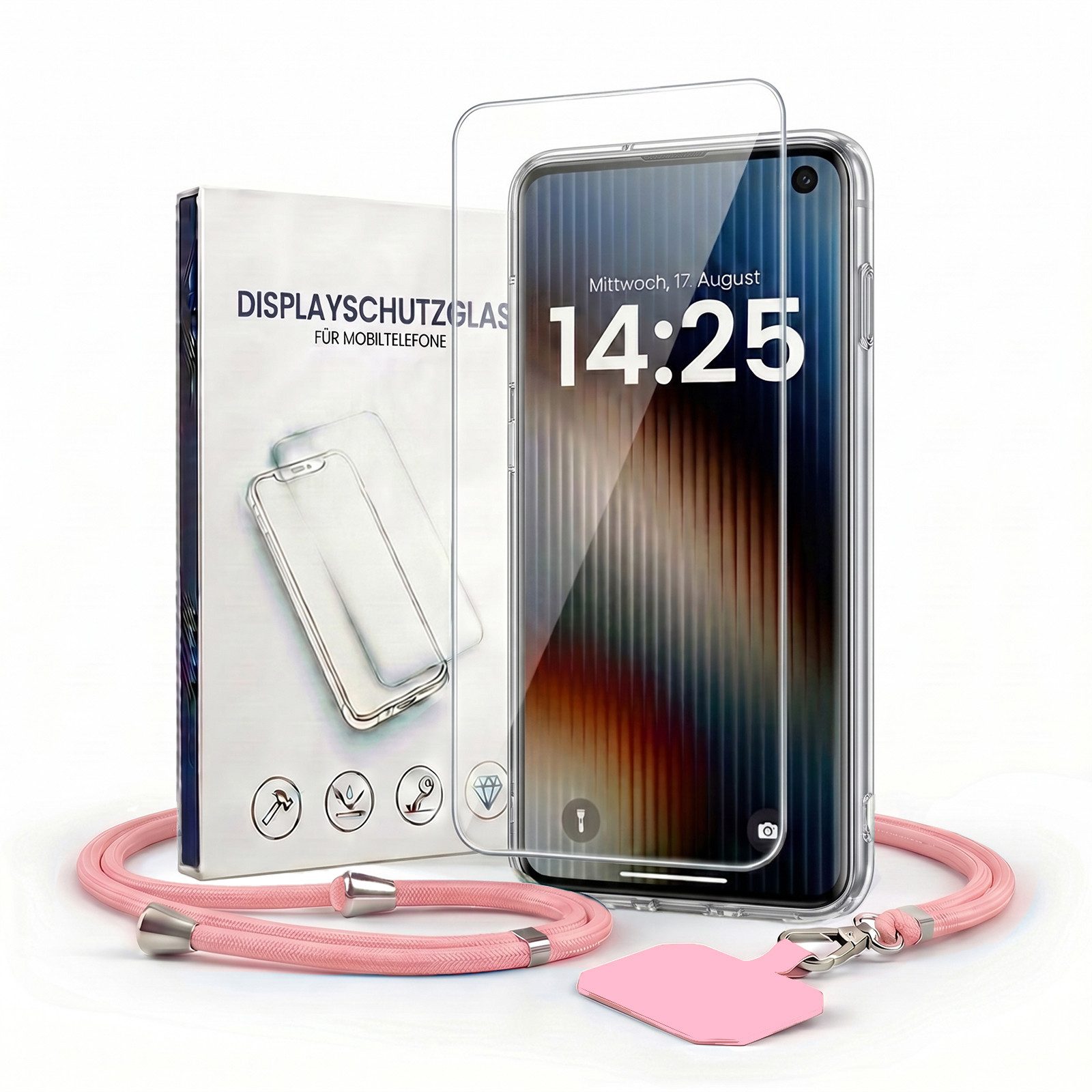Handyhülle Handy Hülle Cover mit Trageband für Samsung Galaxy S10 6.1 Zoll, 6.1, Slim Case mit Handykette Handyband Umhängeband Lanyard 9H Glas