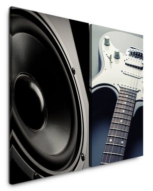 Sinus Art Leinwandbild 2 Bilder je 60x90cm Lautsprecher Musik E-Gitarre Highend Schwarze Musikbox Audiophile