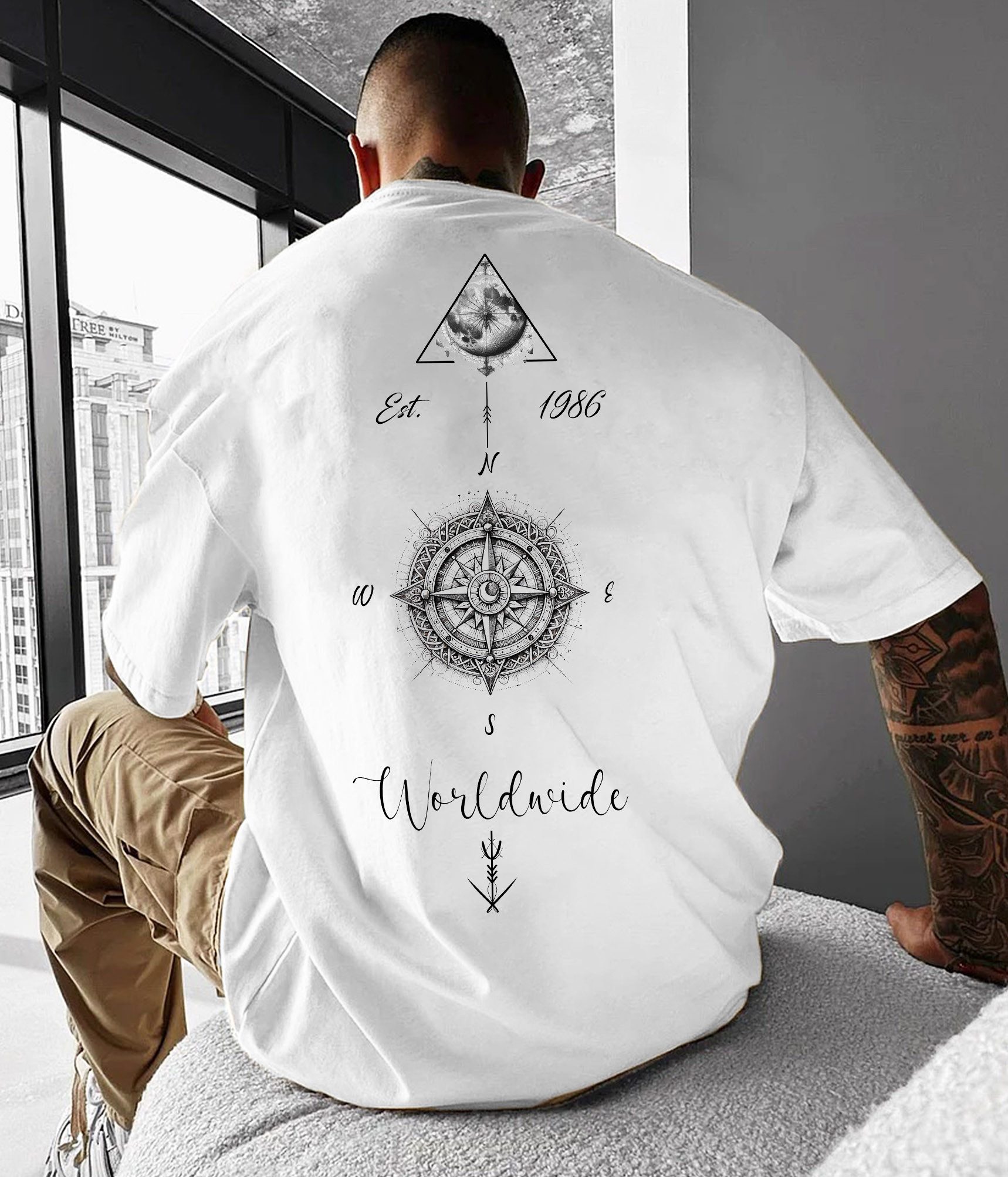 T-Shirt Herren T-Shirt Basic Rundhals Kompass Welt