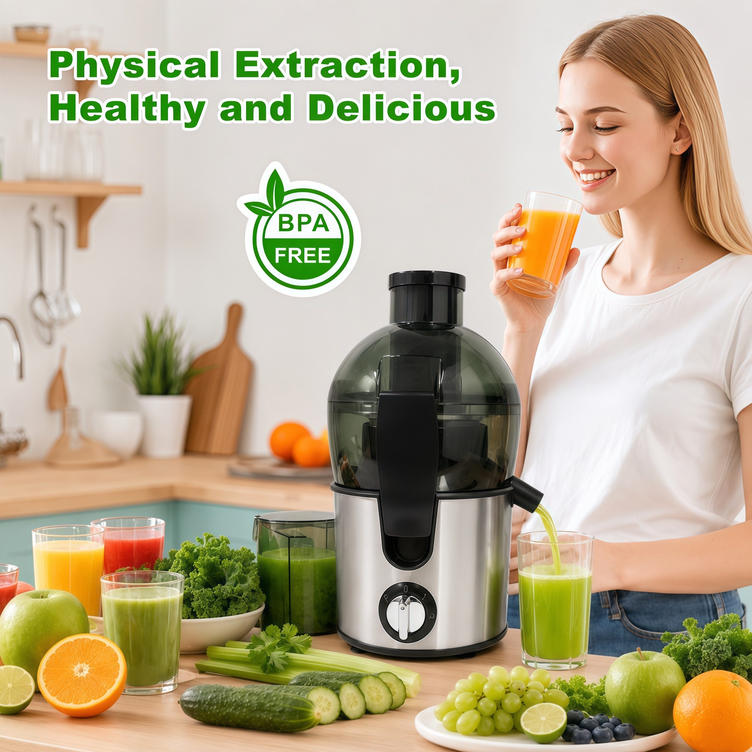 Fyrove Entsafter Slow Juicer Gemüse und Obst,Entsafter aus Edelstahl,Schnelles,BPAFrei, 1500 W, Zentrifugal-Entsafter,Füllöffnung und Zwei Geschwindigkeitsstufe – Bild 5 von 5