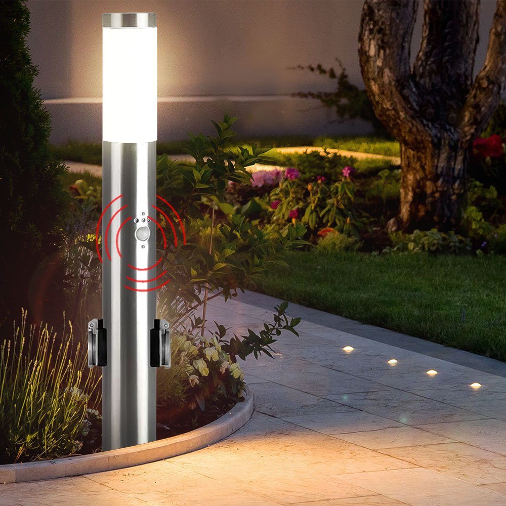 etc-shop LED Außen-Stehlampe, inklusive, Bewegungsmelder Lampe Leuchtmittel Außen Warmweiß, Edelstahl Wege Garten Steckdosen Steh